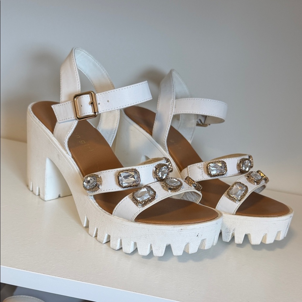 White Jeweled Chunky Heel Sandals